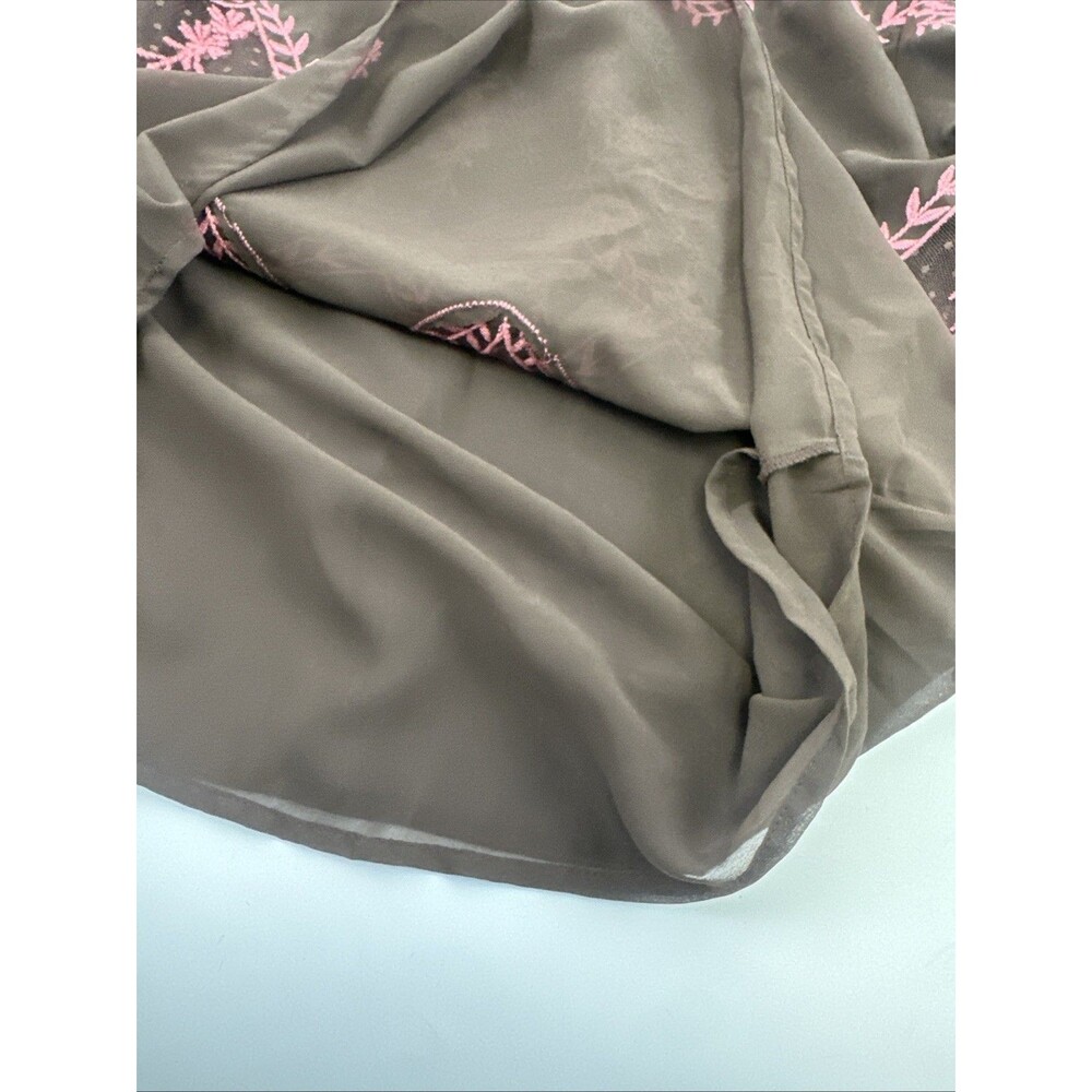 Anthropologie Long Sleeve Applique Blouse Brown Pink Embroidered Ruffle Chiffon - Picture 10 of 12